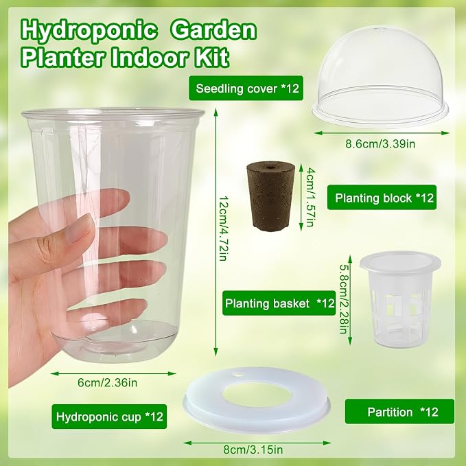 ROIKETU 12 Pack Transparent Hydroponic Cups with Humidity Domes,Hydroponic Growing System for Seedlings,Seed Starting Cups for Seed Starting,Root Monitoring