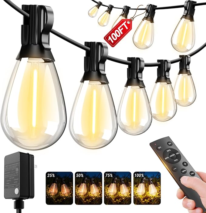 Likesky 100FT LED Outdoor String Lighats with Remote Waterproof Patio Lights with Shatterproof S11 Bulbs, Dimmable Outside Hanging Light Connectable for Porch Backyard Yard Garden Decor 2700K