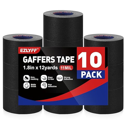 10 Packs Black Gaffers Tape, 1.8inchx12 Yards(Total 120Yards)(11Mil) Black Gaff Tape, Waterproof, No Residue, Non-Reflective, Easy Tear, Gaffers Tapes for Securing Cables, Photography, Studio.
