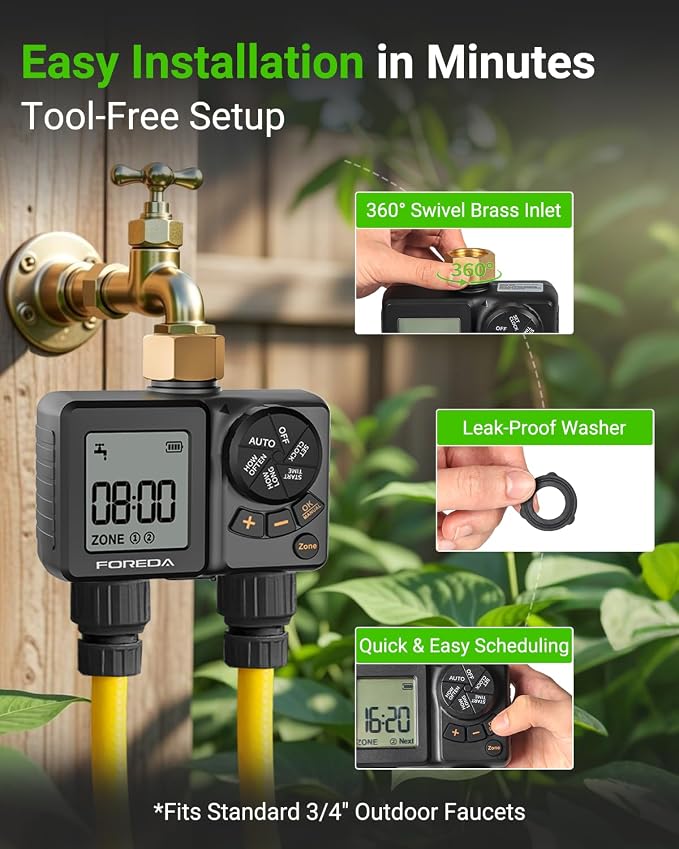 2 Zone Water Timer for Garden Hose, Programmable Hose Timer for Watering with Built-in Rechargeable Battery, Rain Delay/Manual/Auto Modes, IPX6 Waterproof Sprinkler Timers for Lawn, Yard, Farm