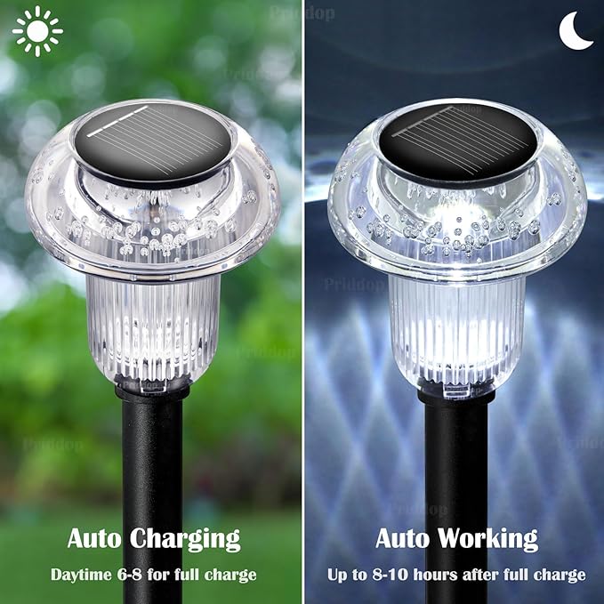 Priddop Solar Lights Outdoor Waterproof 8Pack 6000K Cold White LED Mushroom | Yard Pathway Garden Decorative Outside Landscape Path Lighting Patio Flowerbed Walkway Ground Pattern Acrylic Head ABS Stake