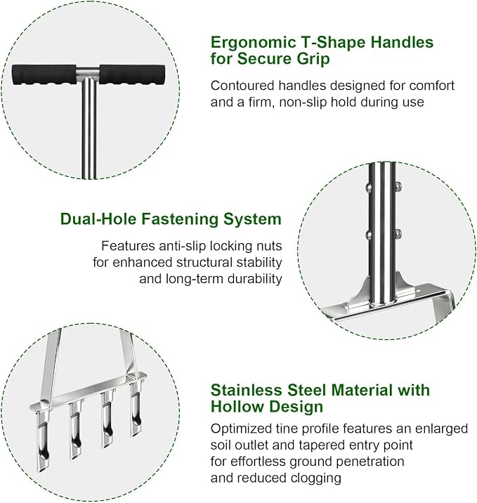 Core Aerator Lawn Tool Manual Lawn Aerator Tool with 4 Hollow Tines Non-Clogging Heavy Duty Plug Aerator for Soil Loosening Lawn Aeration, Revives Lawn Health,Garden Tool