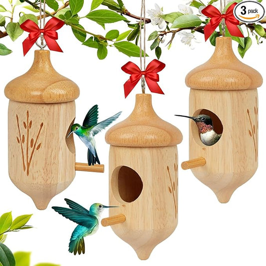 Hummingbird House, Small Hummingbird Houses for Outside, Wooden Bird House with Bow, String, Cute Gardening Gifts Home Decoration