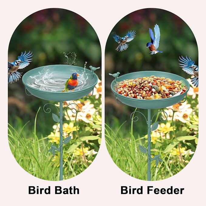 Bird Bath for Outside with 2 Bird Decor, Hummingbird on Pole & Sparrow on Bowl, 38.5 Inch Height Garden Birdbath, 12 Inch Antique Green Freestanding Birdfeeder Bath for Yard Patio