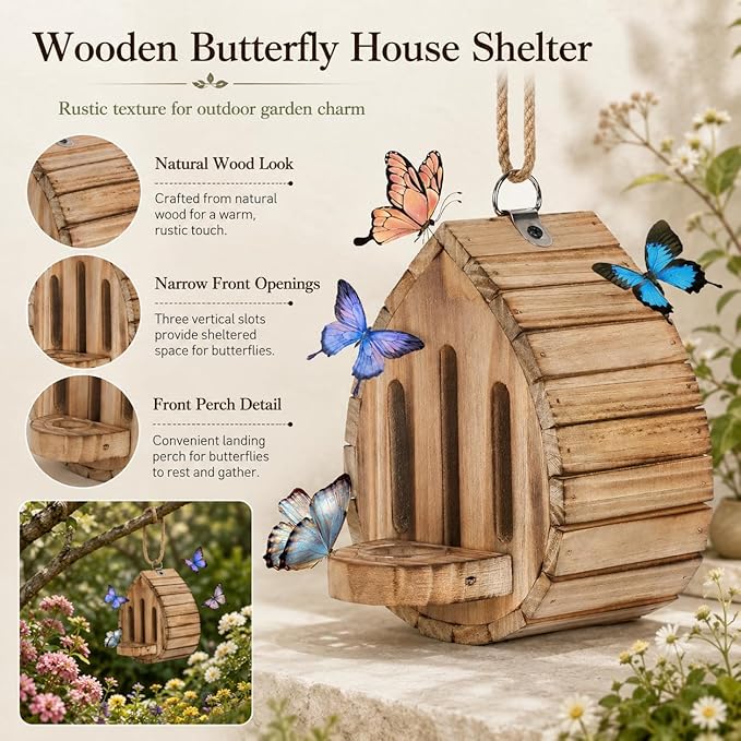 Butterfly Houses for Outside, Butterfly House Wooden Shelter for Yard Fence Patio, Butterfly Houses for the Garden Habitat Decor (1pc)