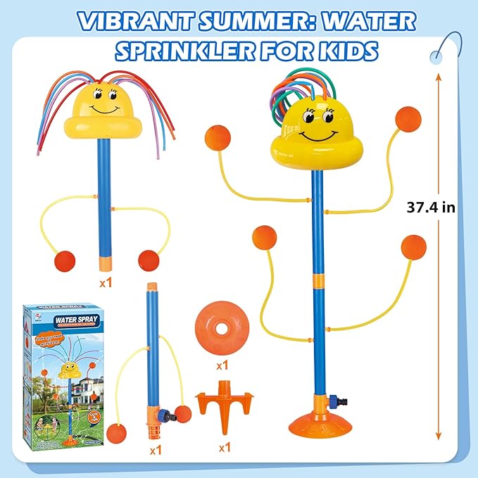 Water Sprinkler Outdoor Yard Toy for Kids, Summer Smile Face Rainbow Kids Sprinkler with 8 Wiggle Tubes 4 Nozzle, Water Sprinkler Outdoor Yard Lawn Toy for Kids for 3 4 5 6 7 8 Year Boy Girl