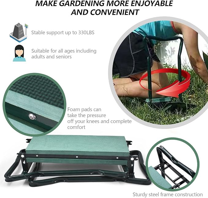 waltyotur Garden Kneeler and Seat Foldable Stool Kneeling Bench with Handles Garden Kneeler Bench Stools with Tool Bag Pouch EVA Foam Pad