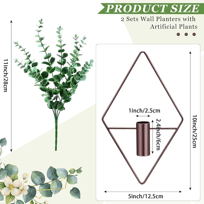 Canlierr 2 Pieces Wall Decor Hanging Planters with Artificial Plants Metal Hanging Vase Indoor Plants Holder Modern Boho Wall Art for Bathroom Bedroom Living Room Decor(Eucalyptus, Bronze)