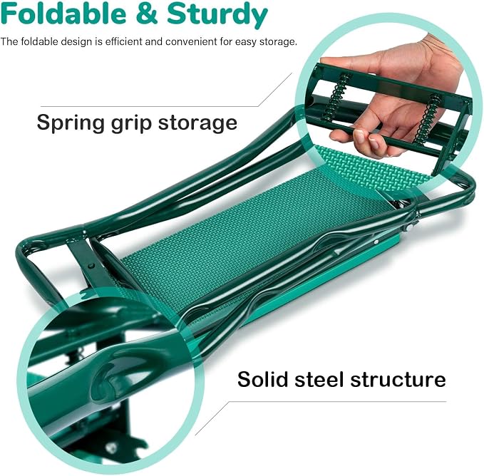 iPower Garden Kneeler and Seat with Sturdy Soft EVA Foam Pad, Foldable Kneeling Bench, 2 Tool Pouches Included, for Camping, Gardening, Fishing, Green