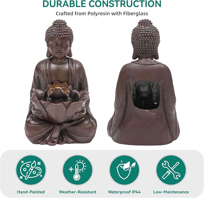 Zen Buddha Water Fountain Outdoor, 19" H Handcrafted Buddha Statue Water Feature with Soothing Waterfalls & Lights, Peaceful Oasis for Garden Patio Yard Deck Living Room Floor Tabletop Decor