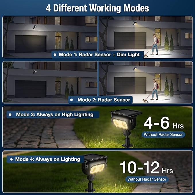 Solar Lights Outdoor, Motion Sensor Outdoor Solar Spotlights Waterproof, Outside Wall Lights, Outdoor Lights Solar Powered for Garden/Patio/Yard/Lawn/Backyard, Warm Yellow Light, 4 Packs