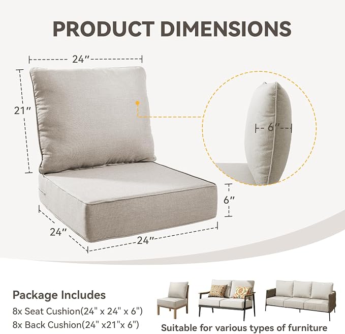 Outdoor Cushion Set for Furniture Patio Furniture, UV Resistant, Water Resistant - 6 Inch Thick Foam Garden Cushions– 24x24 Inch Patio Seat Covers for Chair/Sofa/Couch | Beige | 8-Pack |
