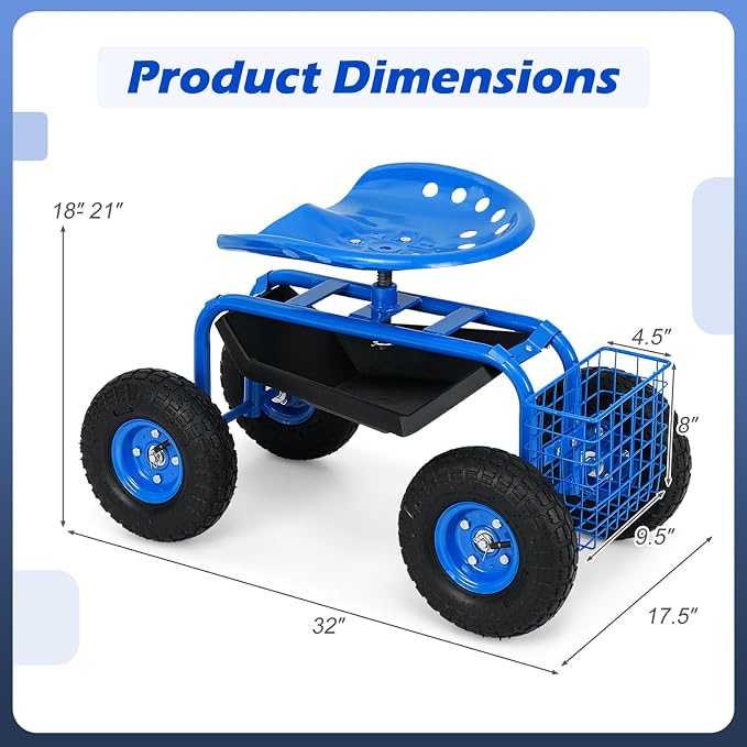 S AFSTAR Rolling Garden Seat, Outdoor Lawn Yard Patio Work Swivel Seat with Heavy Duty Wheels, Tool Tray & Basket, Garden Cart Wagon Scooter (Blue)