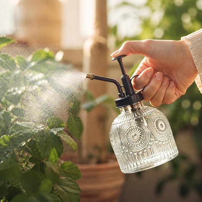 Amolliar Glass Plant Mister Spray Bottle, Vintage Refillable Leak Proof Watering Can for Indoor Plants, Houseplants, Gardening, Cleaning, Hair & Pet Care with Mist Nozzle (Clear-Black Pump)
