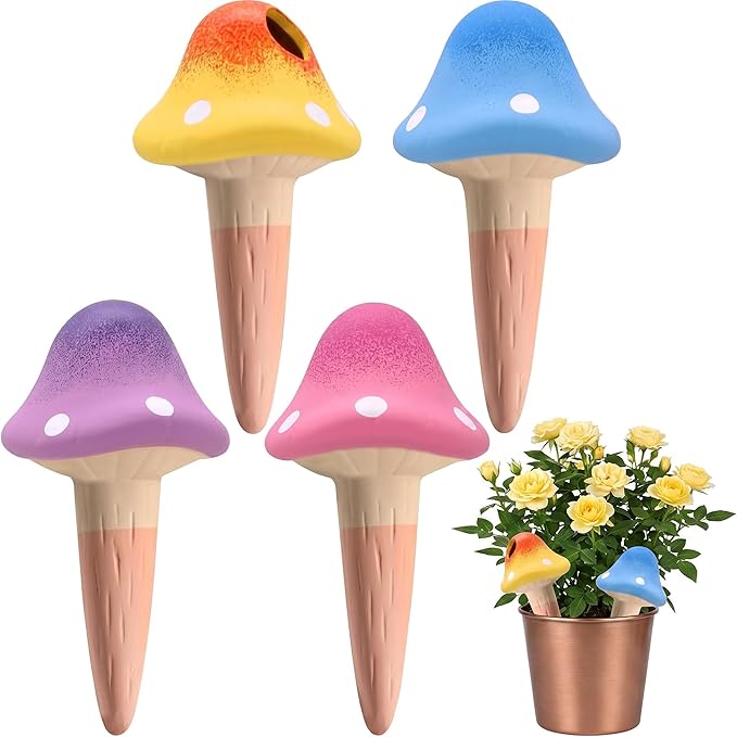 4 Pack Terracotta Watering Spikes, Vacation Self-Watering Planters Insert, Slow Release Watering Devices for Vacation Plant Watering,Mushroom Shape