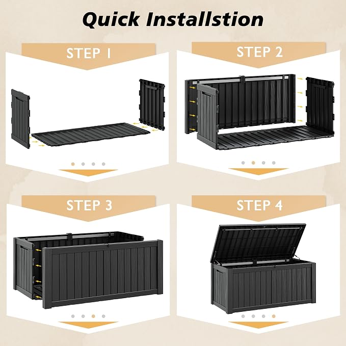 Fancyango 150 Gallon Outdoor Deck Box Waterproof, Large Storage Box for Patio, Resin Storage Bench Lockable for Garden Tools, Package Delivery, Black