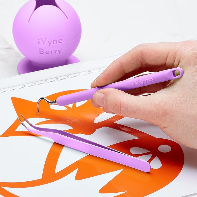 iVyne Berry and Silicone Weeding Tools - Suction Vinyl Weeder, Craft Tweezer, Scrap Collector Holder, Storage for Cricut, Silhouette Accessories - Purple