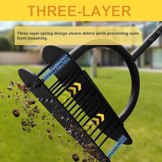 Aerator Lawn Tool, 16 Iron Spikes Manual Lawn Aerators with 3-Layer Anti-Loose Cover & Spring Auto Soil Clean, Yard Grass Aerator for Healthier Lawn, Garden Tool, Pre-Assembled Base for Easy Setup