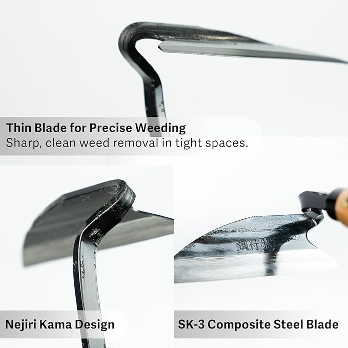 Lightweight Japanese Weeding Sickle, HOUNEN Thin Blade Precision Garden Tool with SK-3 Steel for Surface Weeding and Fine Garden Work