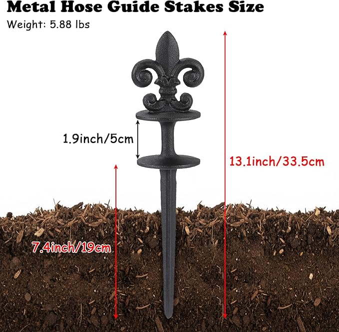 Black Metal Hose Guide Stakes, Cast Iron Fleur de Lis Decorative Garden Hose Guide Spikes for Lawn Protection, Set of 3