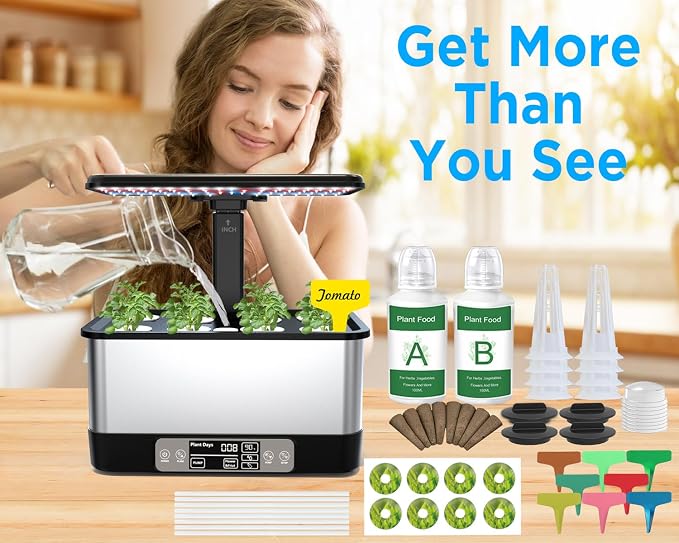 Hydroponics Growing System Indoor Garden, Smart Indoor Herb Garden with Grow Light, In door Gardening System 8 Pods, APP & WiFi Control, Auto Timer, Quiet Pump, Stainless, Gift for Women Mom, Black