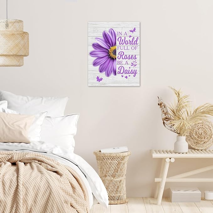 LB Purple Daisy Floral Canvas Wall Art Farmhouse Flower Funny Inspirational Quote Framed Art Prints Rustic Butterfly Wall Decor for Bedroom Living Room Bathroom Kitchen Home Office,20Lx16W inch