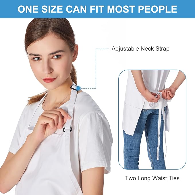 Jubatus 2 Pack 3 Pockets 100% Cotton Adjustable Bib Apron Chef Kitchen Cooking Aprons for Women Men, White