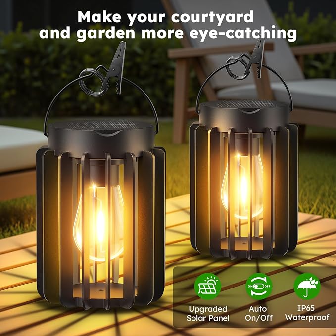 Ahaorigin Solar Lanterns Outdoor Waterproof, Brighter Up to 12 Hrs Outdoor Hanging Solar Lights, Outside Hanging Lanterns for Garden Porch Patio Yard Decor, Gifts for Women Mom Father Black, 4 Pack