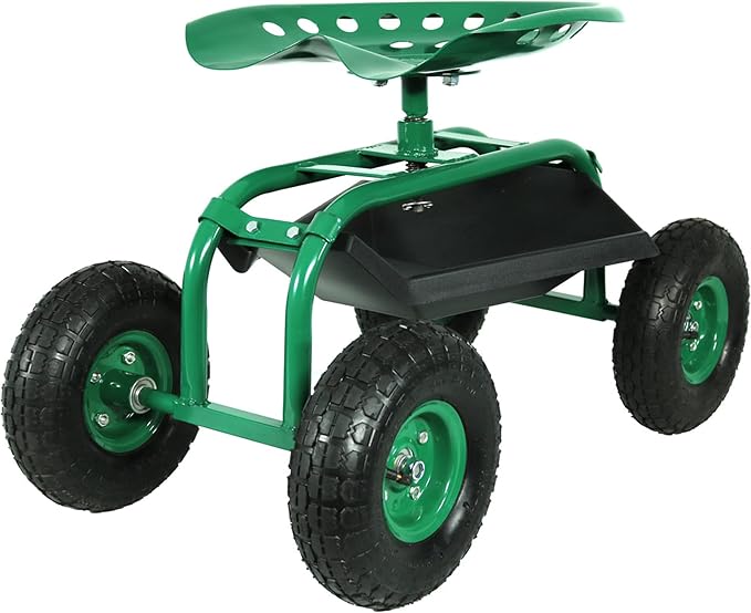 Sunnydaze Rolling Garden Cart with Swivel Seat and Storage - Rolling Garden Seat with Wheels - Gardening Stool with Wheels - Green