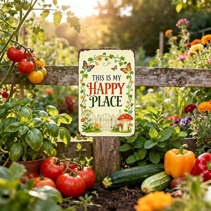 This Is My Happy Place Metal Garden Sign for Gardener Plant Lover, Rustproof Outdoor Wall Art for Patio Porch Fence, Vintage Tin Decor 12x8 Inch (3015)