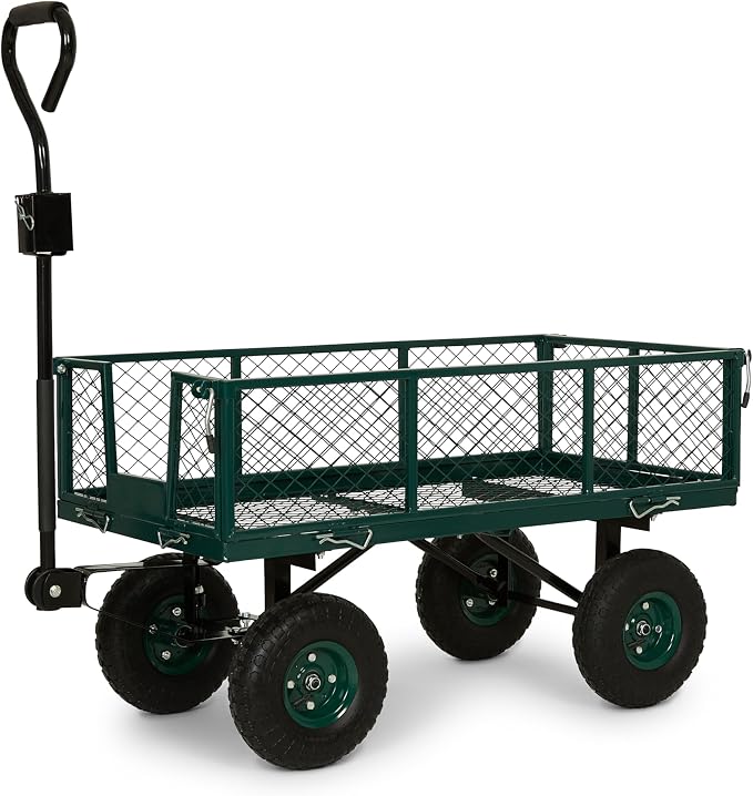 Backyard Expressions Heavy Duty Garden Cart 600 lb, 38" x 20" Steel Bed Utility Wagon with Removable Mesh Sides, Powder-Coated Frame, 10" Pneumatic Wheels, Pull Handle Yard/Lawn Hauler