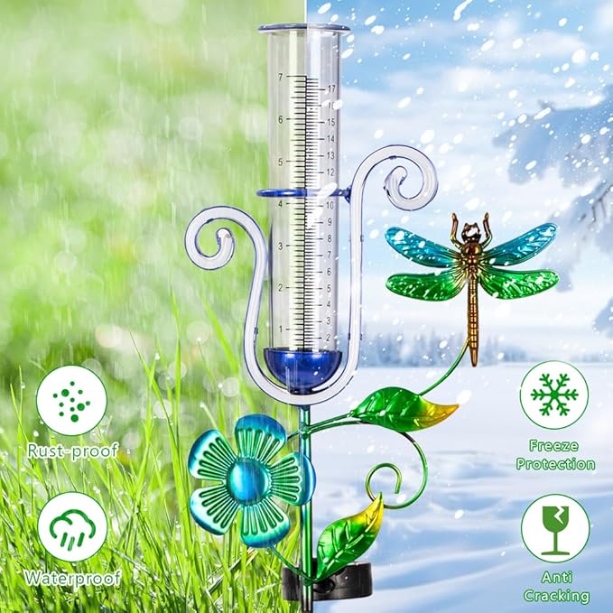 Dragonfly Rain Gauge Outdoor, Solar Rain Gauge with Led Neon Lights, Freeze Proof Rain Gauges for Patio, Garden Yard, Measuring Precipitation