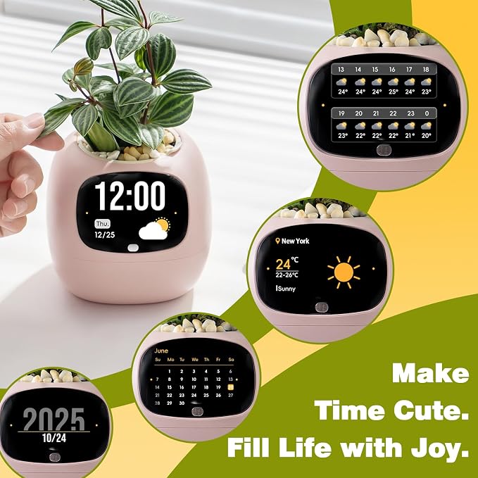 Smart Plant Pot with Visual Display – Soil Moisture, Water Level, Light & Battery Monitor, 80ml Self-Watering Reservoir, Supports 100+ Plants, Pomodoro Timer, Clock & Calendar (Blush)