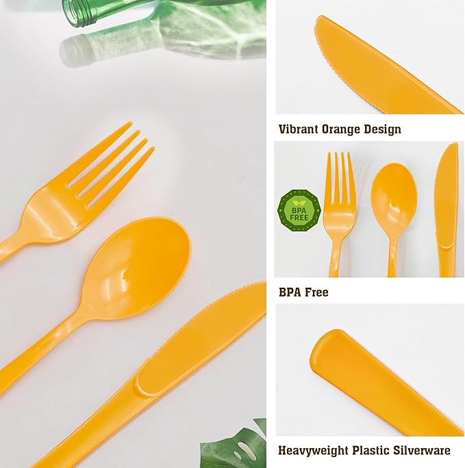 50 Pcs Orange Plastic Forks, Orange Plastic Silverware, Heavy Duty Plastic Cutlery Set Disposable Utensils Sets for Brithday, Wedding, Baby Shower, Fall Party, Halloween, Thanksgiving Day