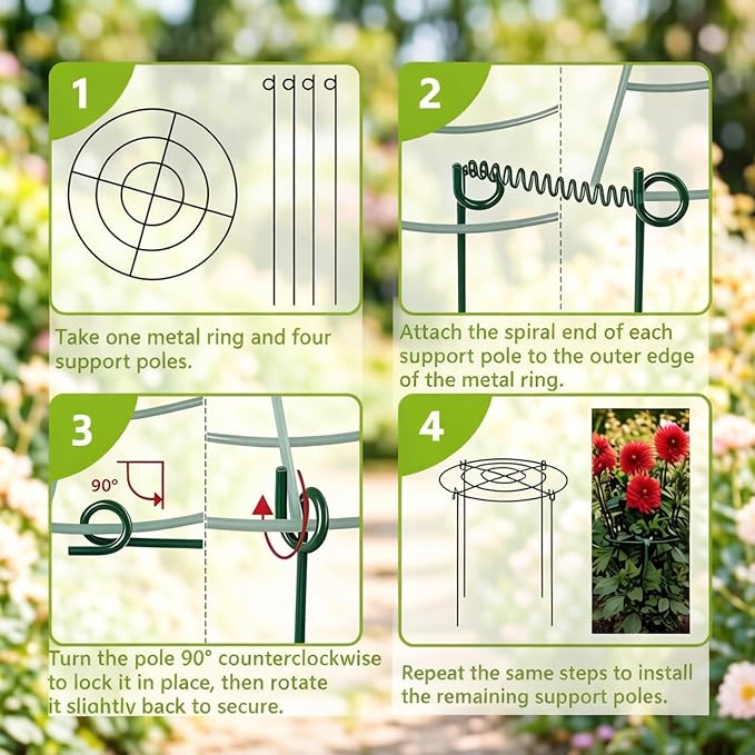DAYUMKOU 4 Pack Peonies Cages and Supports, 11.5" Wide x 16" High Plant Support Stakes, 4 Legs Plant Cages & Supports with Removable Grid for Peonies Roses Tomato Hydrangea Strawberry