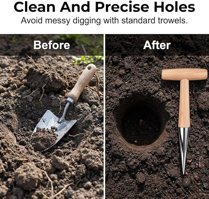 Hand Dibber Seed Dibber, Hand Dibber Garden Tool Bulb Planter Tool with Wooden Handle, Seed Planting Tool Plant Hole Digger for Garden Seeds Bulbs Flowers Tulips Daffodils Vegetables (2pcs)