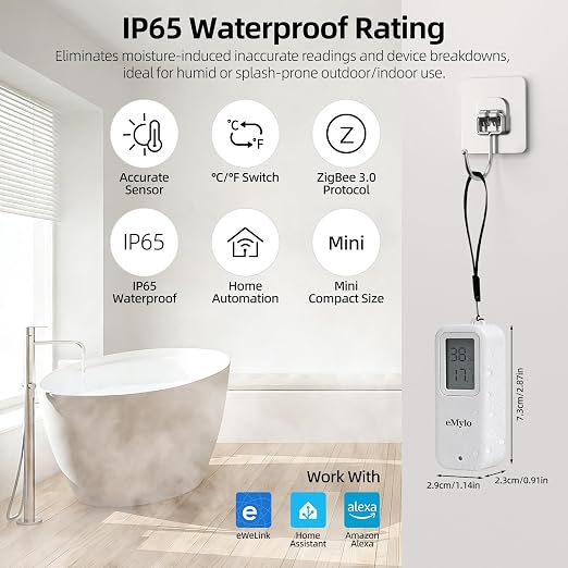 eMylo Zigbee Temperature Humidity Sensor, IP65 Waterproof Smart Indoor Outdoor Thermometer Hygrometer, Compatible with Echo, SmartThings, Home Assistant, Tuya, Hub Required for Home Automation