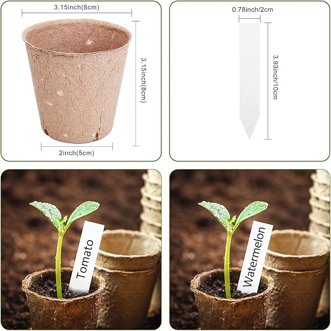 40 Pack Peat Seedling Pots for Garden Seed Starting, 3.15 Inch Biodegradable Nursery Pots with 10 Plant Labels for Flowers, Herbs & Vegetables