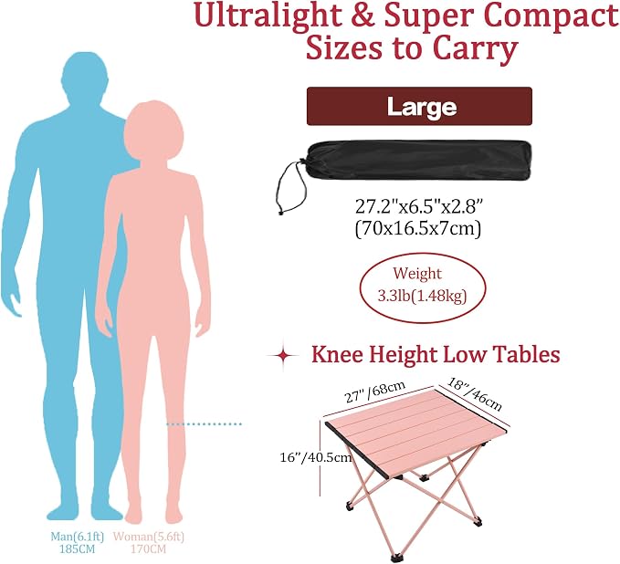 Grope Portable Camping Table with Aluminum Table Top, Folding Beach Table Easy to Carry, Prefect for Outdoor, Picnic, BBQ, Cooking, Festival, Beach, Home (Pink-L)