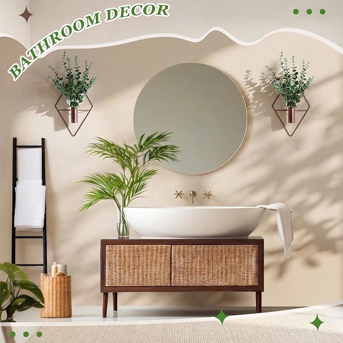 Canlierr 2 Pieces Wall Decor Hanging Planters with Artificial Plants Metal Hanging Vase Indoor Plants Holder Modern Boho Wall Art for Bathroom Bedroom Living Room Decor(Eucalyptus, Bronze)