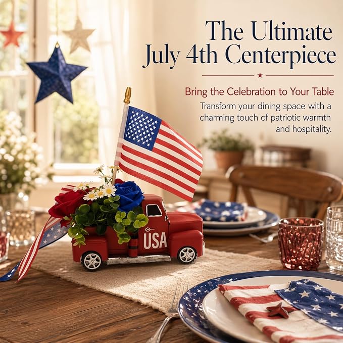 4th of July Patriotic Metal Truck Decor, Vintage Farmhouse Pickup Truck Table Centerpiece, Red White Blue Independence Day Decor for Home Dining Table Mantel Shelf Indoor Party Ornaments