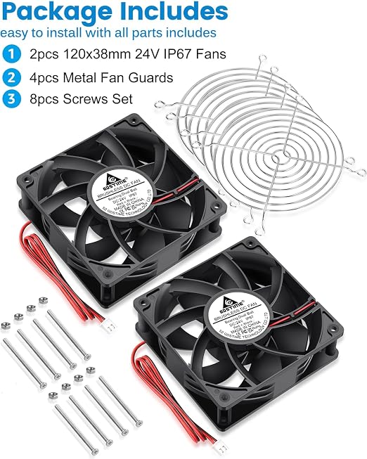 GDSTIME 120mm x 38mm Waterproof Fan 24V IP67 Rating, High Airflow Dual Ball Bearing Powerful Brushless DC Cooling Fans 2-Pin for RV Fridge, Grow Rack, 2-Pack