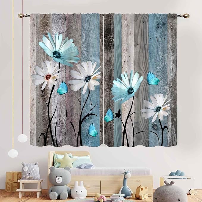 Farmhouse Daisy Curtains, Rustic Wooden Flower Retro Teal White Floral Spring Butterfly Rural Country Style Window Curtains for Living Room Bedroom Kitchen Bathroom 2 Panels, 63"x63" Inch