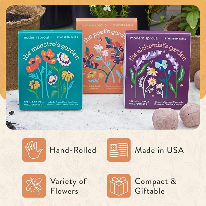 Modern Sprout Bespoke Blooms Flower Seed Ball Kit (Pack of 3) Non-GMO 15 Hand Rolled Annual & Perennial Wildflower Seed Bombs - Planting Gift for Gardeners Flower Party Wedding Favors - Made in USA