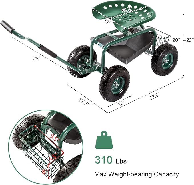 Garden Stool Cart Rolling Work Seat Outdoor Storage Basket Scooter for Adjustable 360 Degree Swivel Seat Green