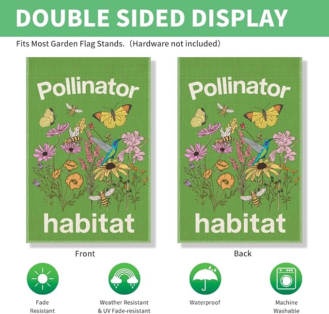 Perfectinsoy Pollinator Habitat Garden Flag, Pollinator Friendly Garden Sign, Eco-Friendly Welcome Yard Home Holiday Farmhouse Porch Patio Outdoor Decor, Flag Gifts for Native Plants Lovers Gardener