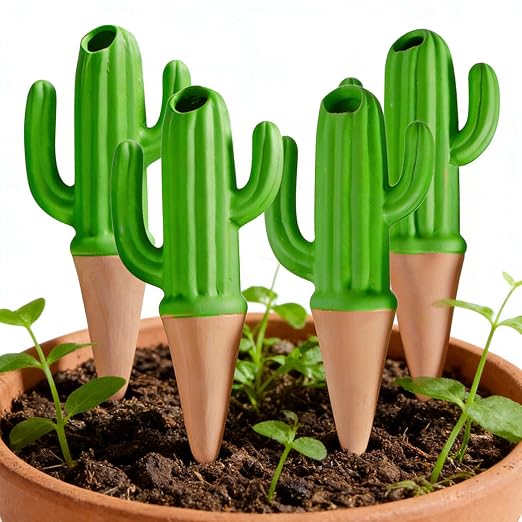 Joyeee 4 Pack Cactus Shaped Watering Spikes, Terracotta Self Watering Devices, Slow Release Waterer for Indoor Outdoor Potted Plants, Automatic Drip Irrigation for Vacations with 60ml Capacity, Green