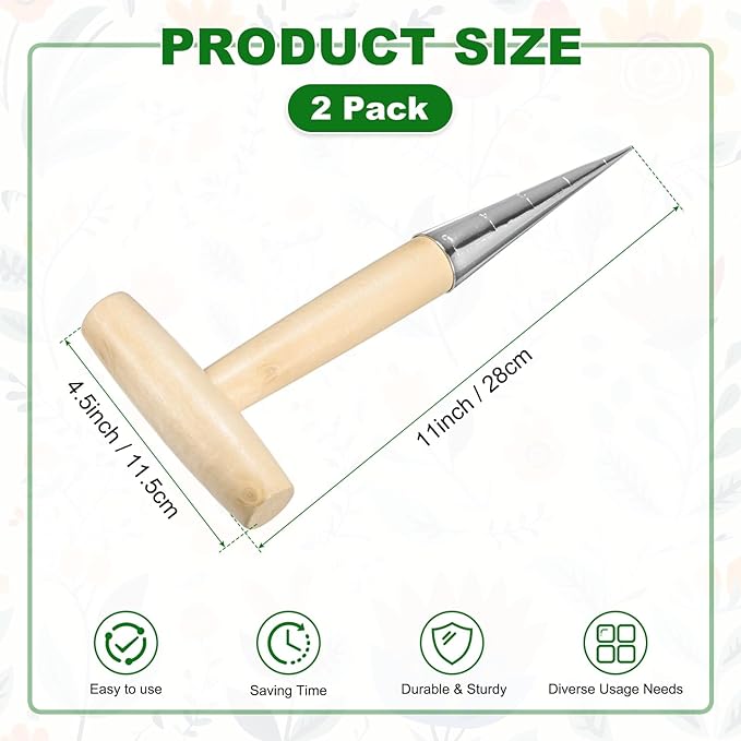 M METERXITY 2-Pack Seed Planter Tool, Chrome Plated Wooden Hand Dibber Garden Tool with Handle for Sowing Seeds/Transplanting/Planting Bulbs, Handheld Digging Hole Punch [Beige, Silver Tip]