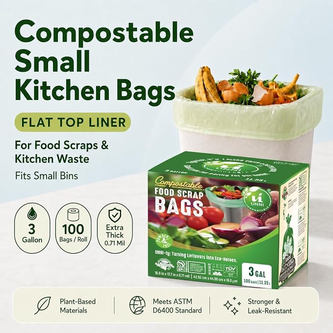 UNNI Compostable Trash Bags, 3 Gallon / 11.35 Liter, 600 Count Value Pack, Extra Thick 0.71 Mil Kitchen Food Scrap Bin Liners, Certified by BPI, CMA & OK compost HOME, Meets the ASTM D6400 Standard