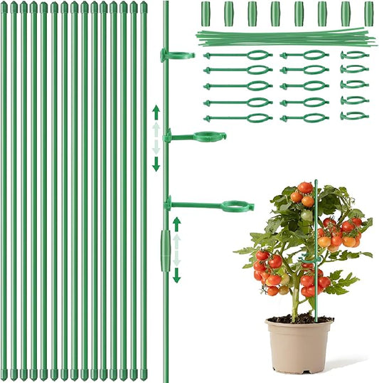 12inch Plant Stakes, 16Pcs Adjustable Plant Support Stake Plant Sticks for Indoor Outdoor Green Poles with Rings Clips & Ties for Potted Plants Monstera Tomato Orchid Flower